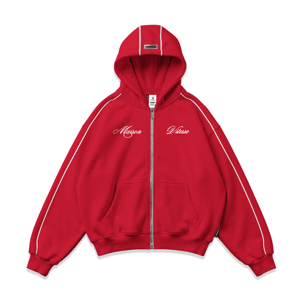 OOTDSUPPLY Hoodie Zipper BoxyFit Maison Red & Black l Hoodie Boxy Zipper List Series | OS-HDBX-ZP-LIST-RC-003