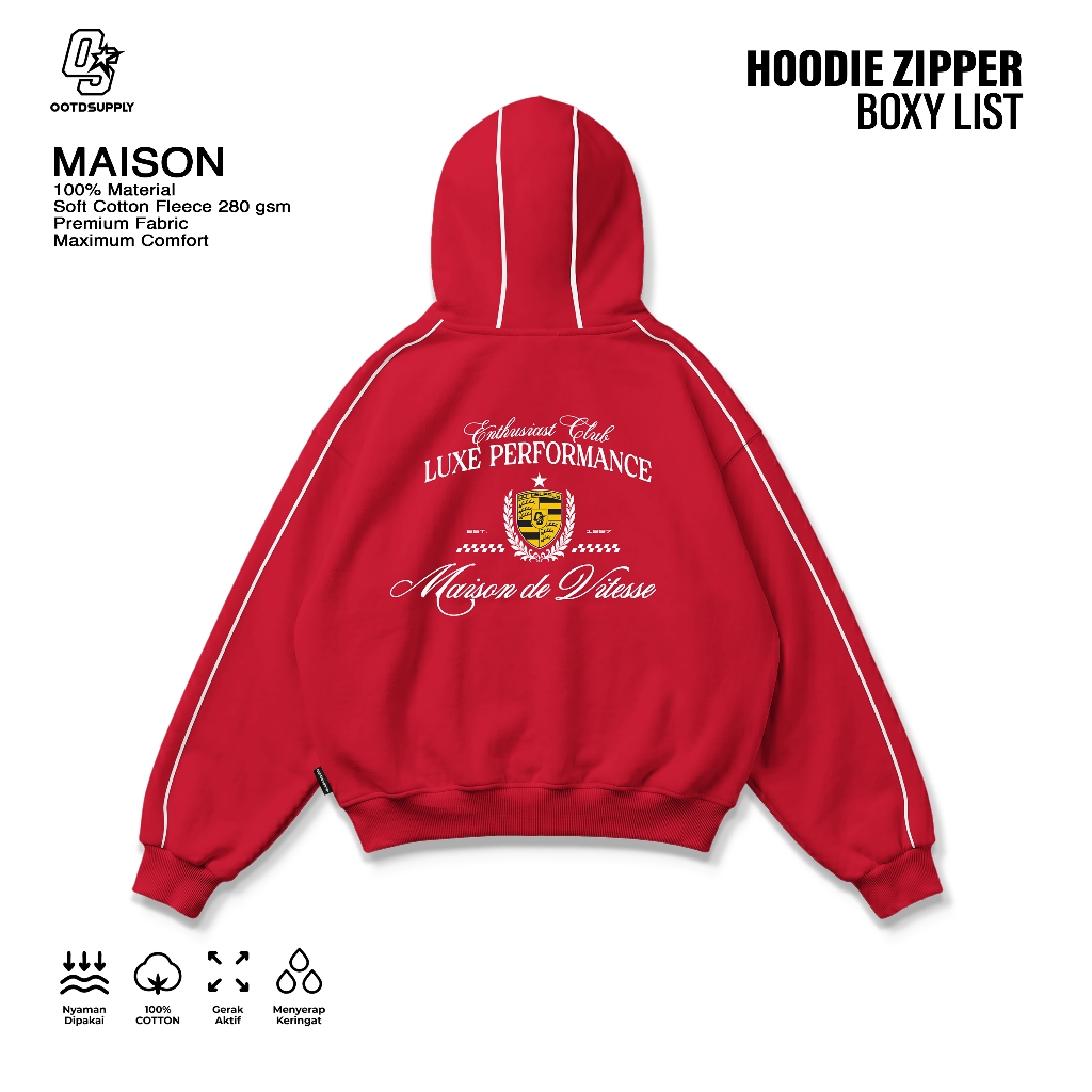 OOTDSUPPLY Hoodie Zipper BoxyFit Maison Red & Black l Hoodie Boxy Zipper List Series | OS-HDBX-ZP-LIST-RC-003