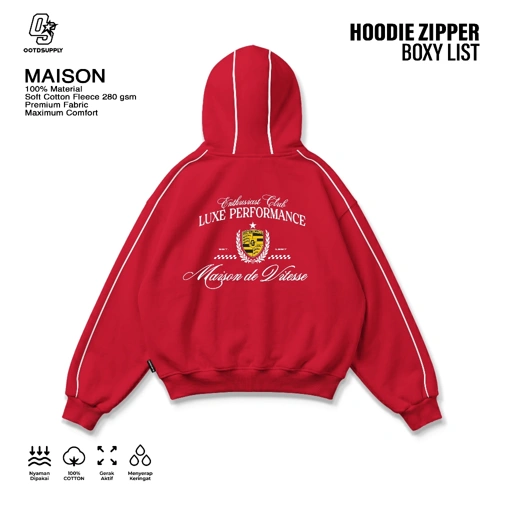 OOTDSUPPLY Hoodie Zipper BoxyFit Maison Red l Hoodie Boxy Zipper List Series | OS-HDBX-ZP-LIST-RC-003
