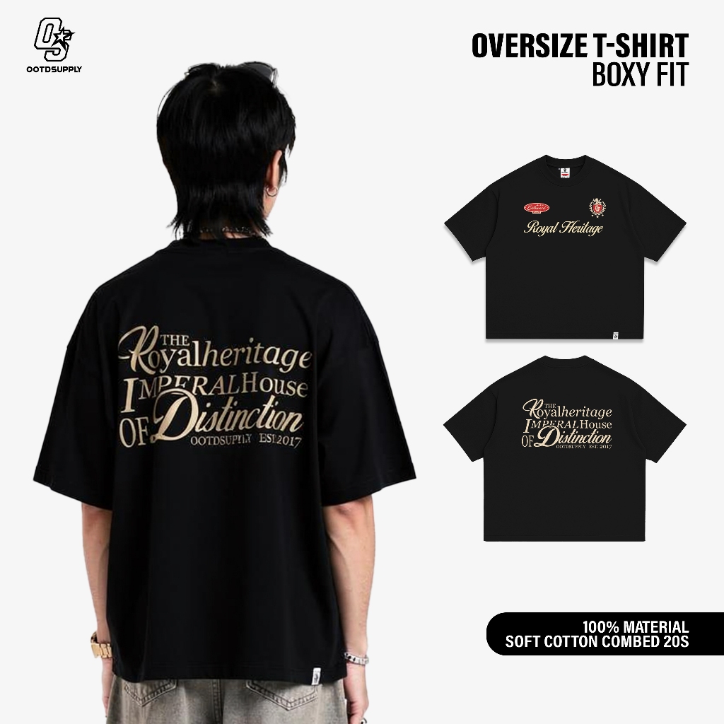 OOTDSUPPLY Boxy Fit Oversize Royal Heritage Black | 20s Boxy Series | Tshirt Boxyfit l Kaos Boxy OS-OVZ-BX-055