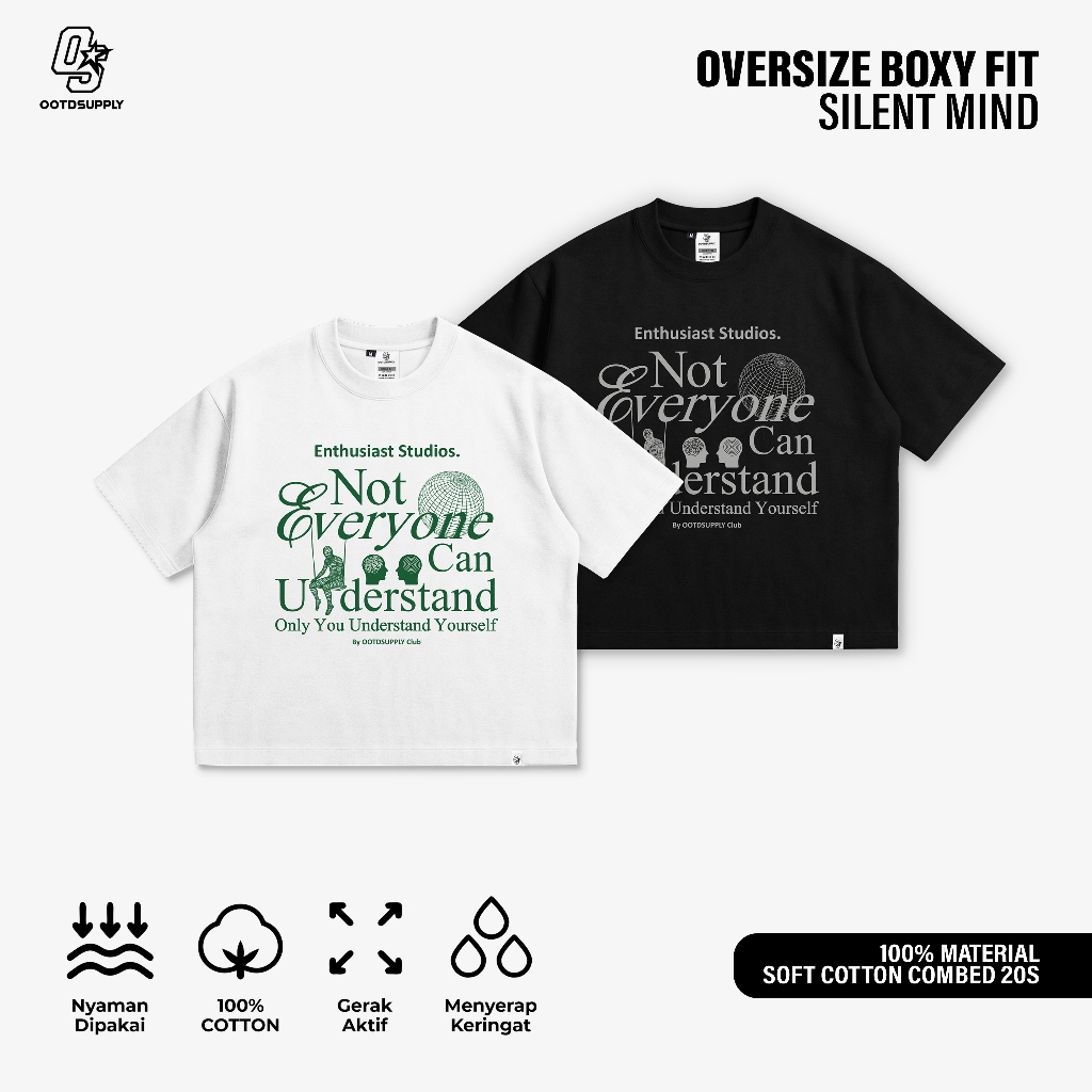 OOTDSUPPLY Tshirt BoxyFit Oversize Silent Black & White | Kaos Boxy Series | Tshirt Boxy fit l OS-OVZ-BX-059