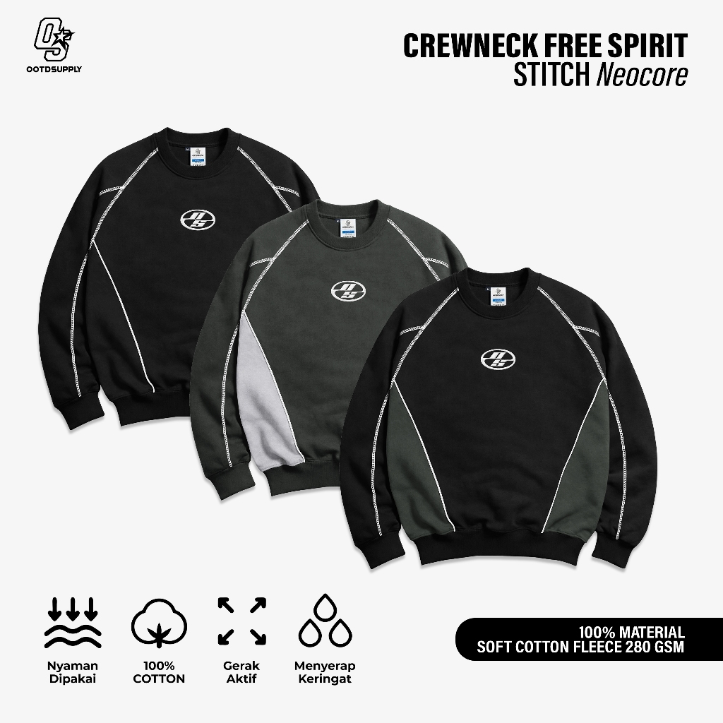 OOTDSUPPLY Crewneck Stitch Neocore Embroiderry | Sweater Pria & Wanita | Cotton Fleece Unisex | OS-CN-STITCH-NE