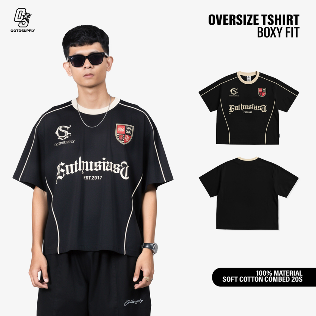 OOTDSUPPLY Tshirt Boxyfit Curveline Monarch Black Cream l Tshirt Boxyfit Unisex Royal Series | Kaos Double List Premium Pria dan Wanita | OS-OVZ-CVL-BLC-002