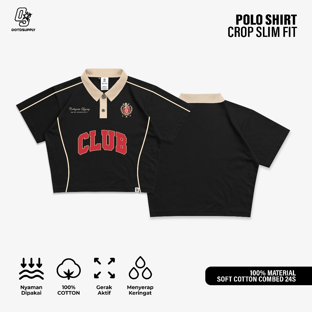 OOTDSUPPLY Polo Croptop SlimFit Curveline Collegiate Black Cream l Polo Crop Fit Royal Series | Crop Fit Double List Premium | OS-CT-PS-CVL-BLC-003
