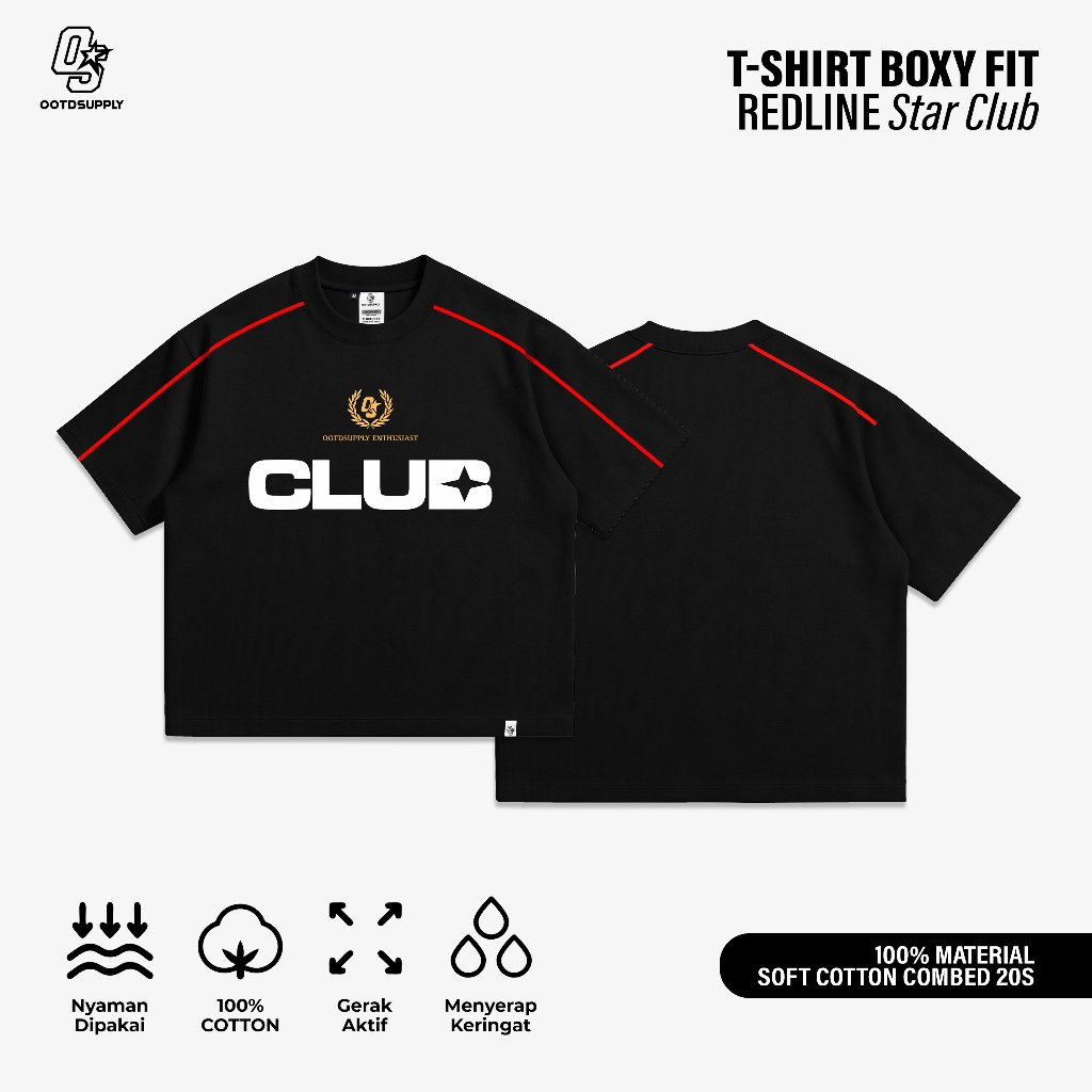 OOTDSUPPLY Tshirt Boxyfit Redline Starclub Black l Tshirt Boxyfit Unisex Line Series | OS-OVZ-BX20S-RL-BLK-004