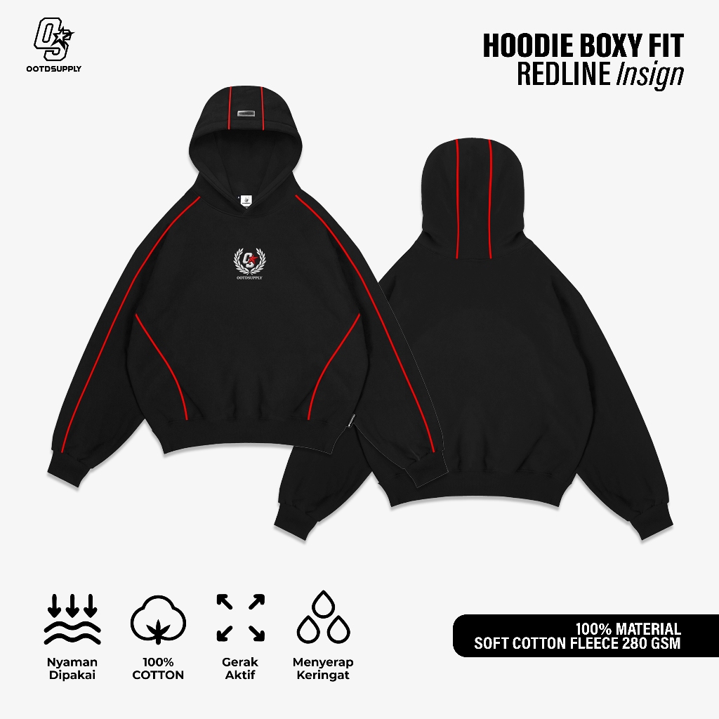 OOTDSUPPLY Hoodie BoxyFit Redline Insign Embroiderry Black l Hoodie Boxy Line Series | OS-HDBX-RL-BLK-005E