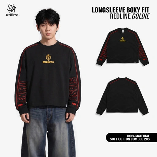 Image of OOTDSUPPLY Longsleeve BoxyFit Redline Goldie Embroiderry Black l Polo Lengan Panjang Line Series  | OS-LSBX-RL-BLK-006E