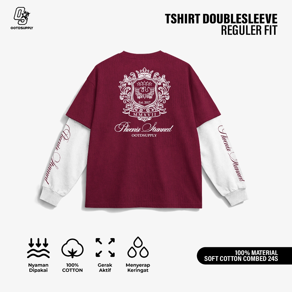 OOTDSUPPLY Longsleeve Doublesleeve Phoenix Maroon White | Longsleeve Reguler Fit | Kaos Lengan Panjang Layer | OS-LS-DS-RIB-MW-005