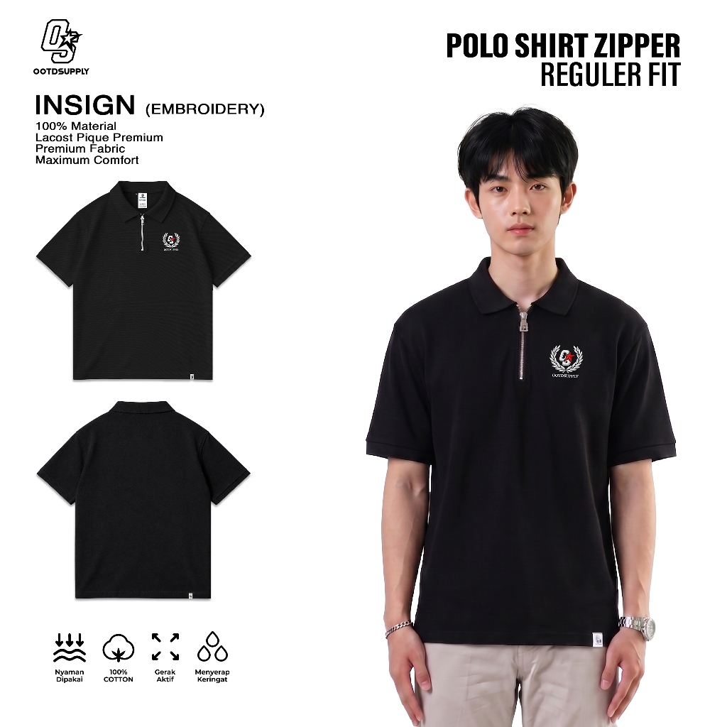 OOTDSUPPLY Polo Pique Zipper Insign Embroidery Black l Polo Pique | Kemeja Unisex Regular Fit | Kaos Polo Premium Lacost I OS-PS-ZP-BLK-01E