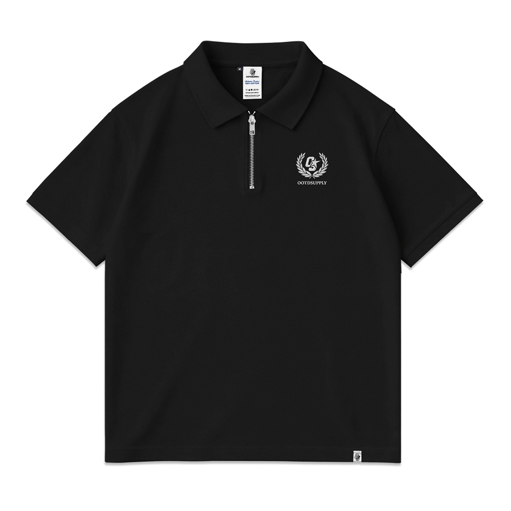 OOTDSUPPLY Polo Pique Zipper Insign Embroidery Black l Polo Pique | Kemeja Unisex Regular Fit | Kaos Polo Premium Lacost I OS-PS-ZP-BLK-01E