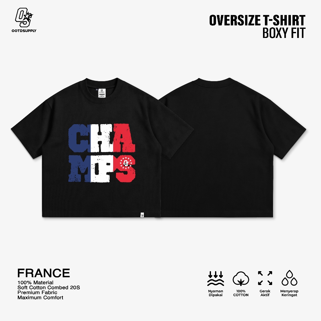 OOTDSUPPLY Boxy Fit Oversize France Black | 20s Boxy World Cup Series | Tshirt Boxyfit l Kaos Boxy OS-OVZ-BX-069