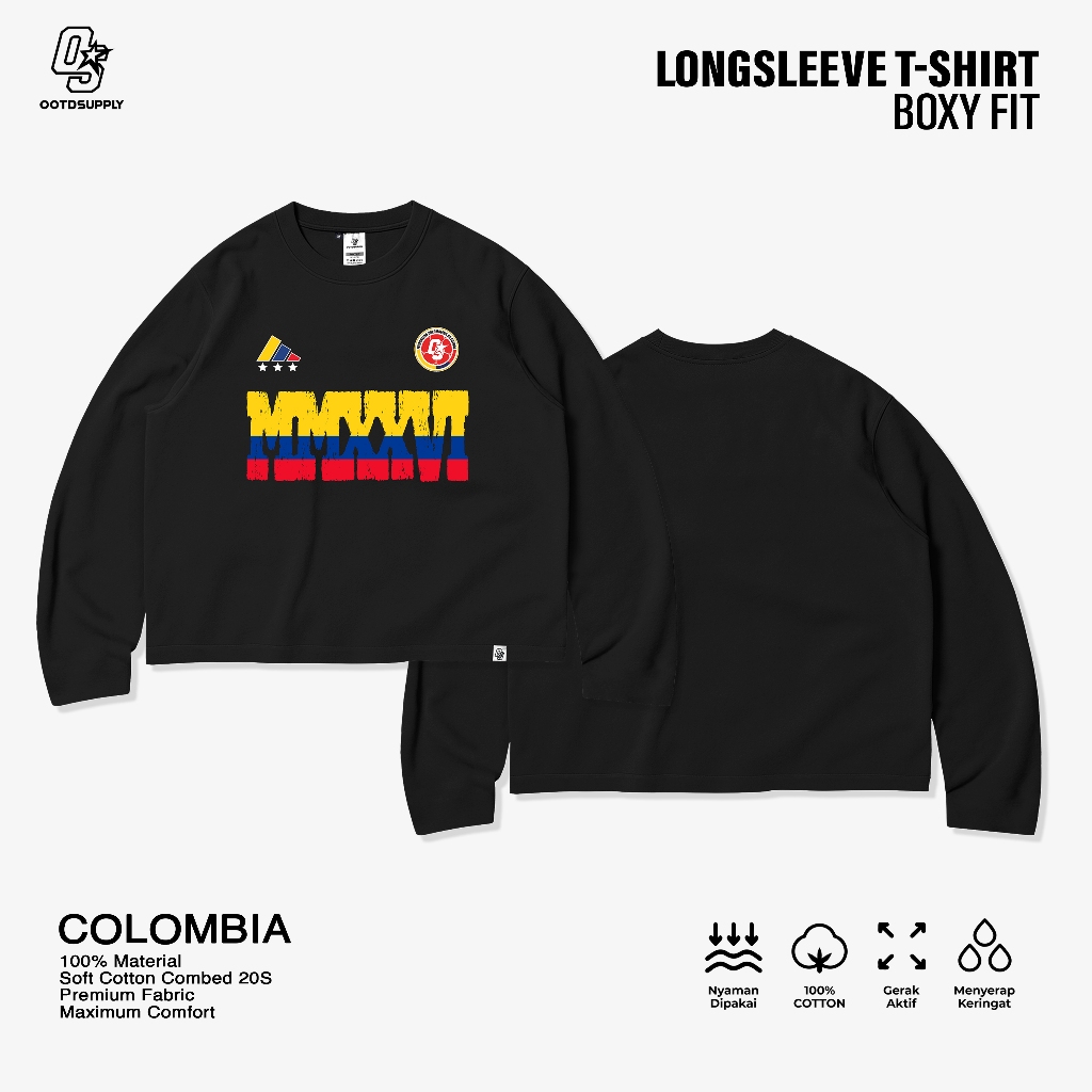 OOTDSUPPLY Longsleeve Boxy 20s Colombia Black l Oversize Boxy World Cups Series | T-Shirt Lengan Panjang l Kaos Panjang I Atasan Unisex | OS-LS-BX-016