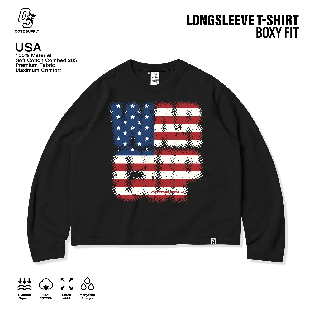 OOTDSUPPLY Longsleeve Boxy 20s USA  Black l Oversize Boxy World Cups Series | T-Shirt Lengan Panjang l Kaos Panjang I Atasan Unisex | OS-LS-BX-022