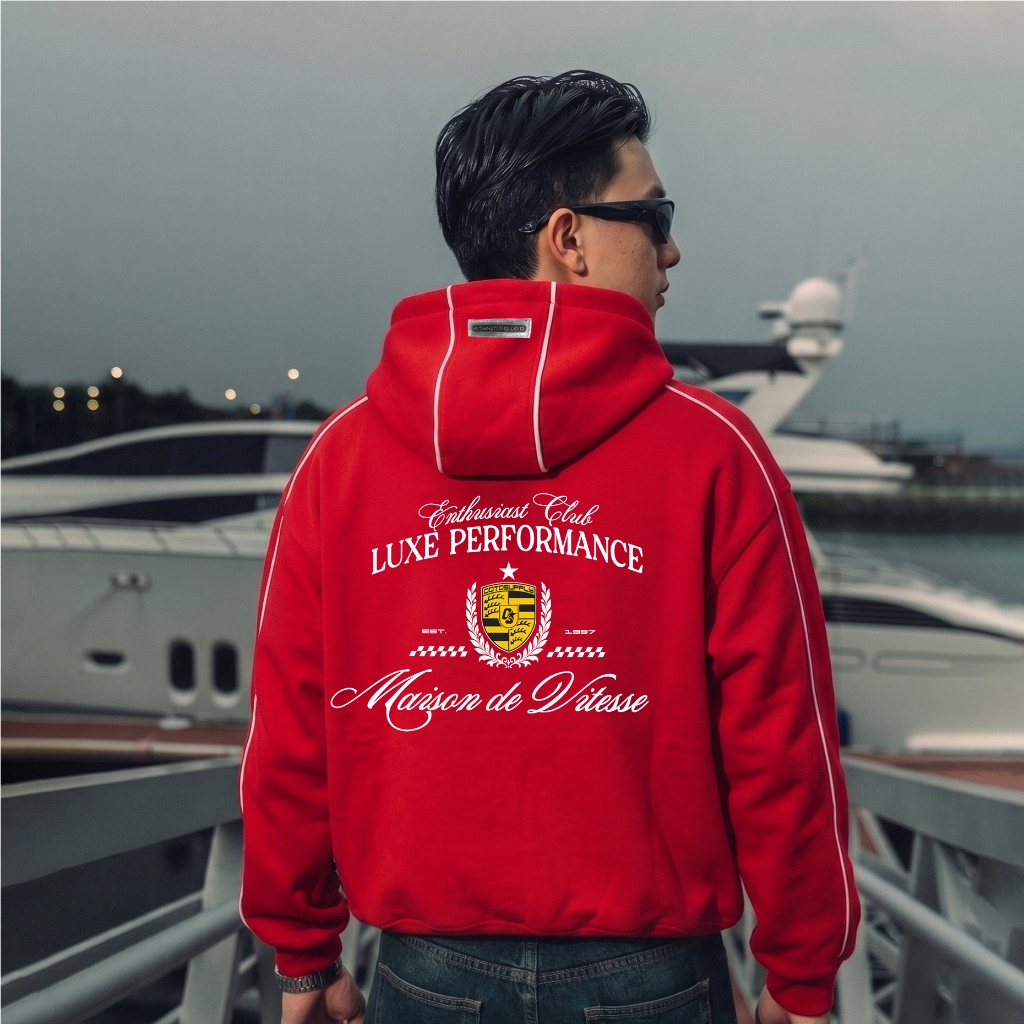 OOTDSUPPLY Hoodie Zipper BoxyFit Maison Red & Black l Hoodie Boxy Zipper List Series | OS-HDBX-ZP-LIST-RC-003