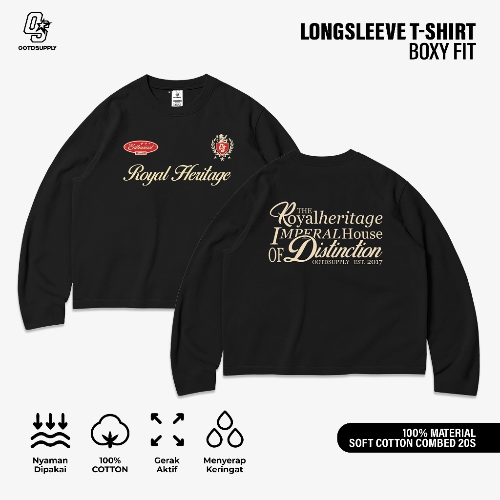 OOTDSUPPLY Longsleeve Boxy 20s Royal Heritage Black l Oversize T-Shirt Lengan Panjang l Kaos Panjang Boxyfit | OS-LS-BX-RIB016