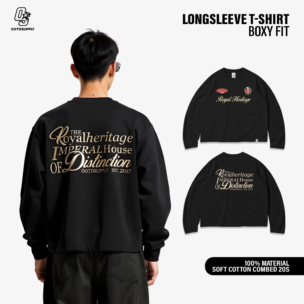 OOTDSUPPLY Longsleeve Boxy 20s Royal Heritage Black l Oversize T-Shirt Lengan Panjang l Kaos Panjang Boxyfit | OS-LS-BX-RIB016