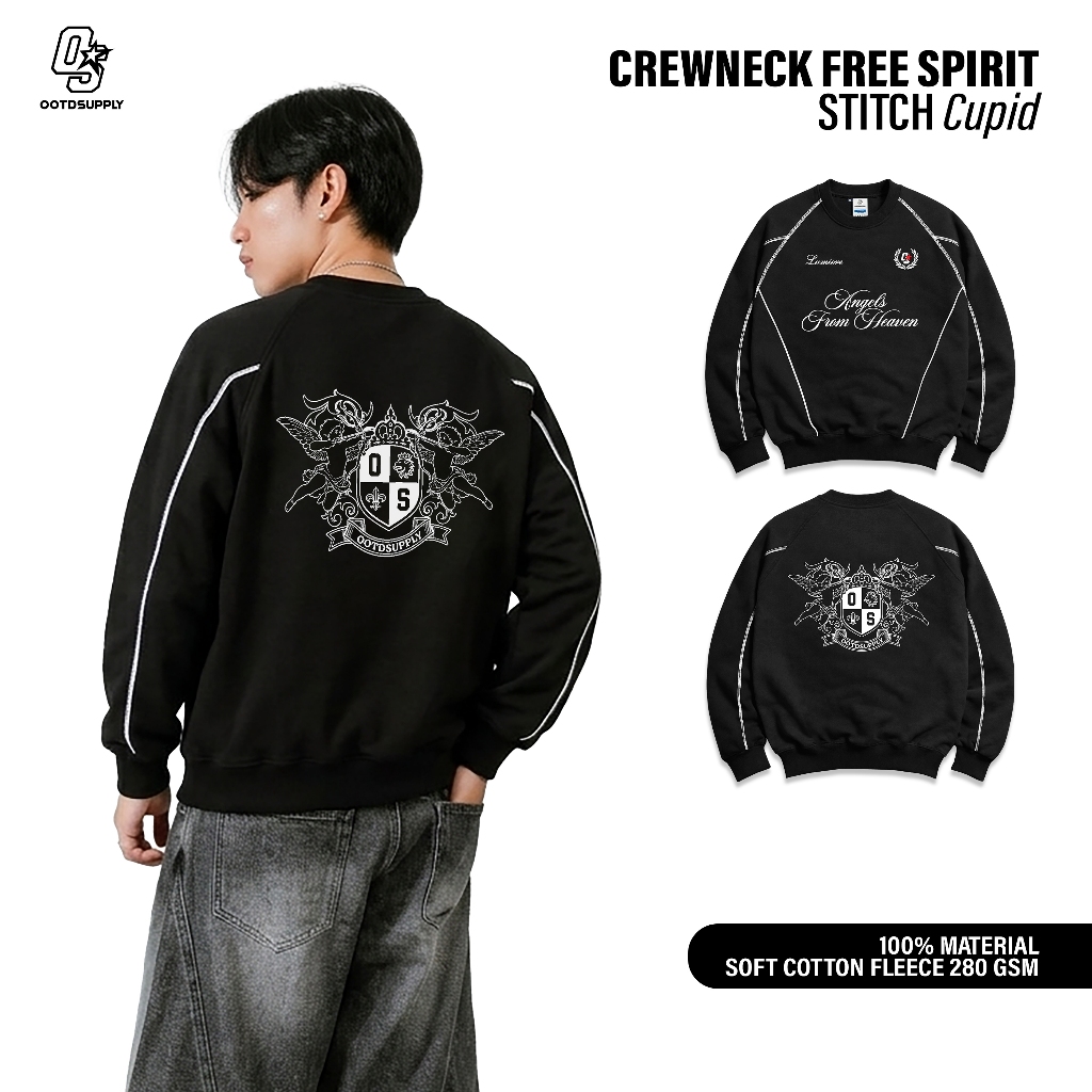 OOTDSUPPLY Crewneck Stitch Cupid Black | Sweater Pria & Wanita | Cotton Fleece Unisex | OS-CN-STITCH-005
