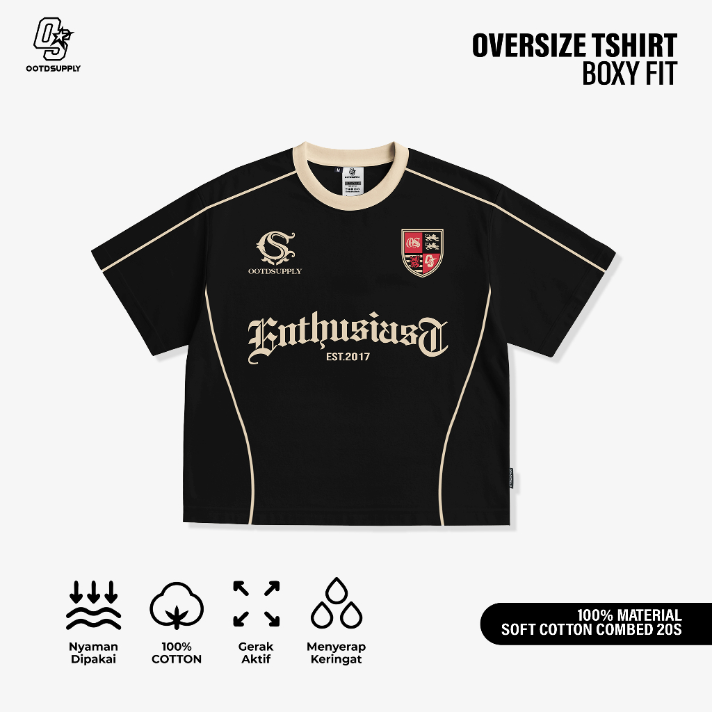 OOTDSUPPLY Tshirt Boxyfit Curveline Monarch Black Cream l Tshirt Boxyfit Unisex Royal Series | Kaos Double List Premium Pria dan Wanita | OS-OVZ-CVL-BLC-002