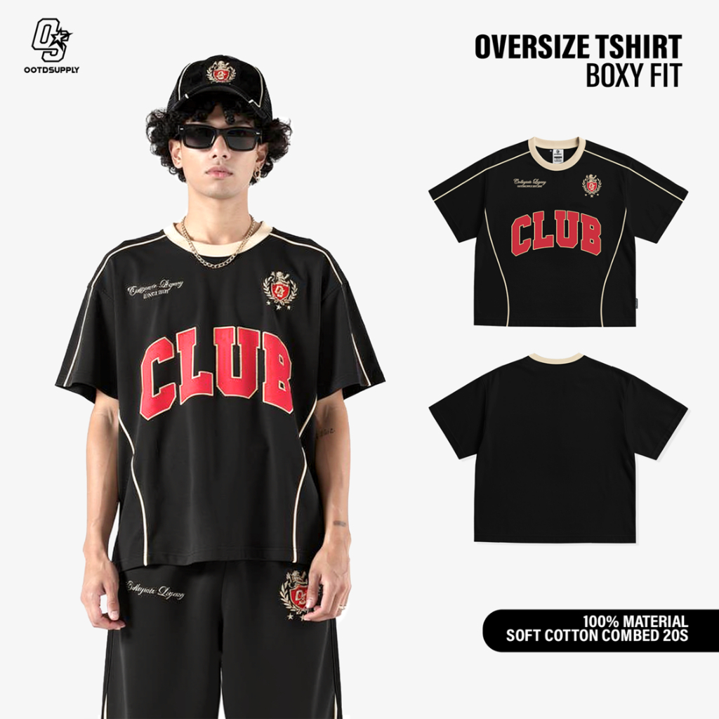 OOTDSUPPLY Tshirt BoxyFit Curveline Collegiate Black Cream l Tshirt Oversize Boxyfit Unisex Royal Series | Kaos Double List Premium Pria dan Wanita | OS-OVZ-CVL-BLC-003
