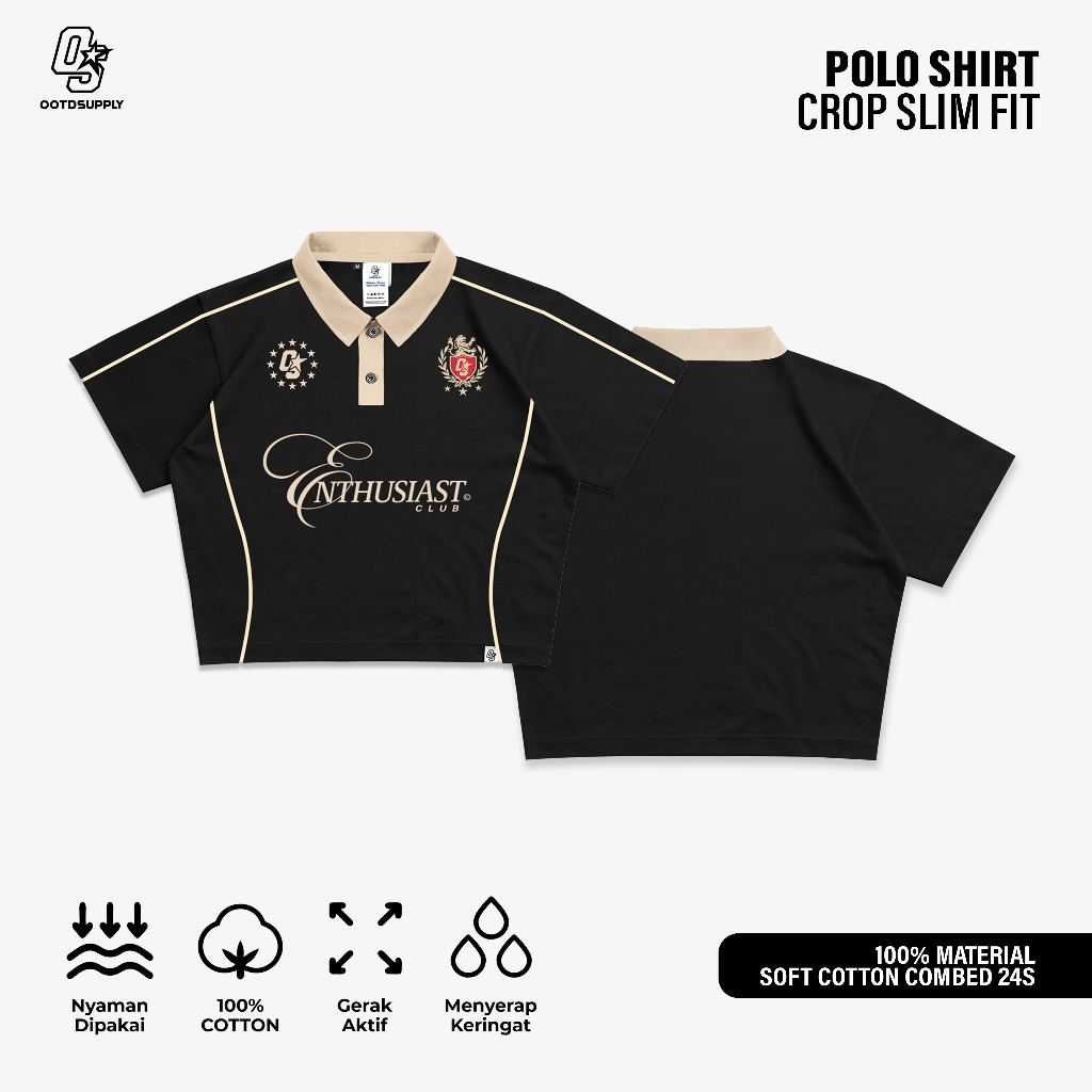 OOTDSUPPLY Polo Croptop SlimFit Curveline Stellar Black Cream l Polo Crop Fit Royal Series | Crop Fit Double List Premium | OS-CT-PS-CVL-BLC-004