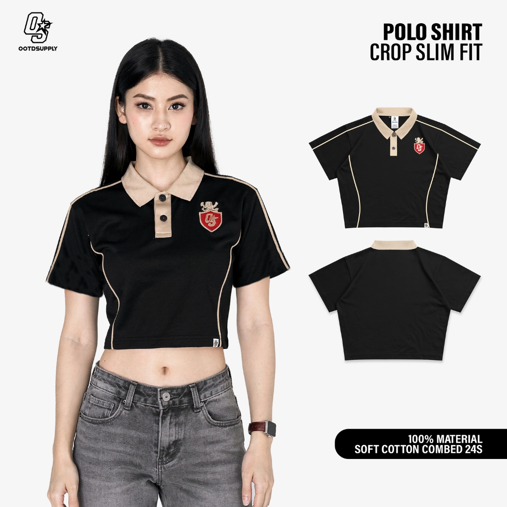 OOTDSUPPLY Polo Croptop SlimFit Curveline Insignia Embroidery Black Cream l Polo Crop Fit Royal Series  | Crop Fit Double List Premium | OS-CT-PS-CVL-BLC-ISE