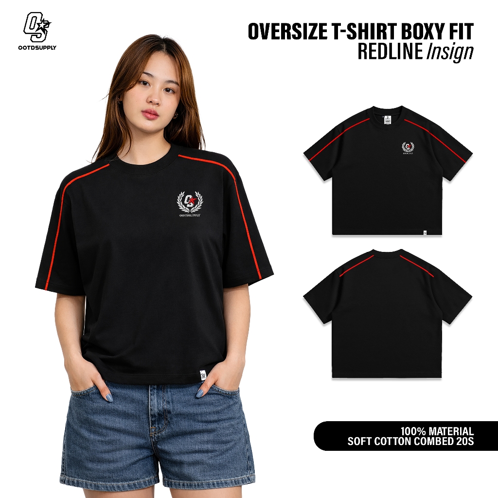 OOTDSUPPLY Tshirt Boxyfit Redline Insign Embroiderry Black l Tshirt Boxyfit Unisex Line Series | OS-OVZBX-RL-BLK-005E