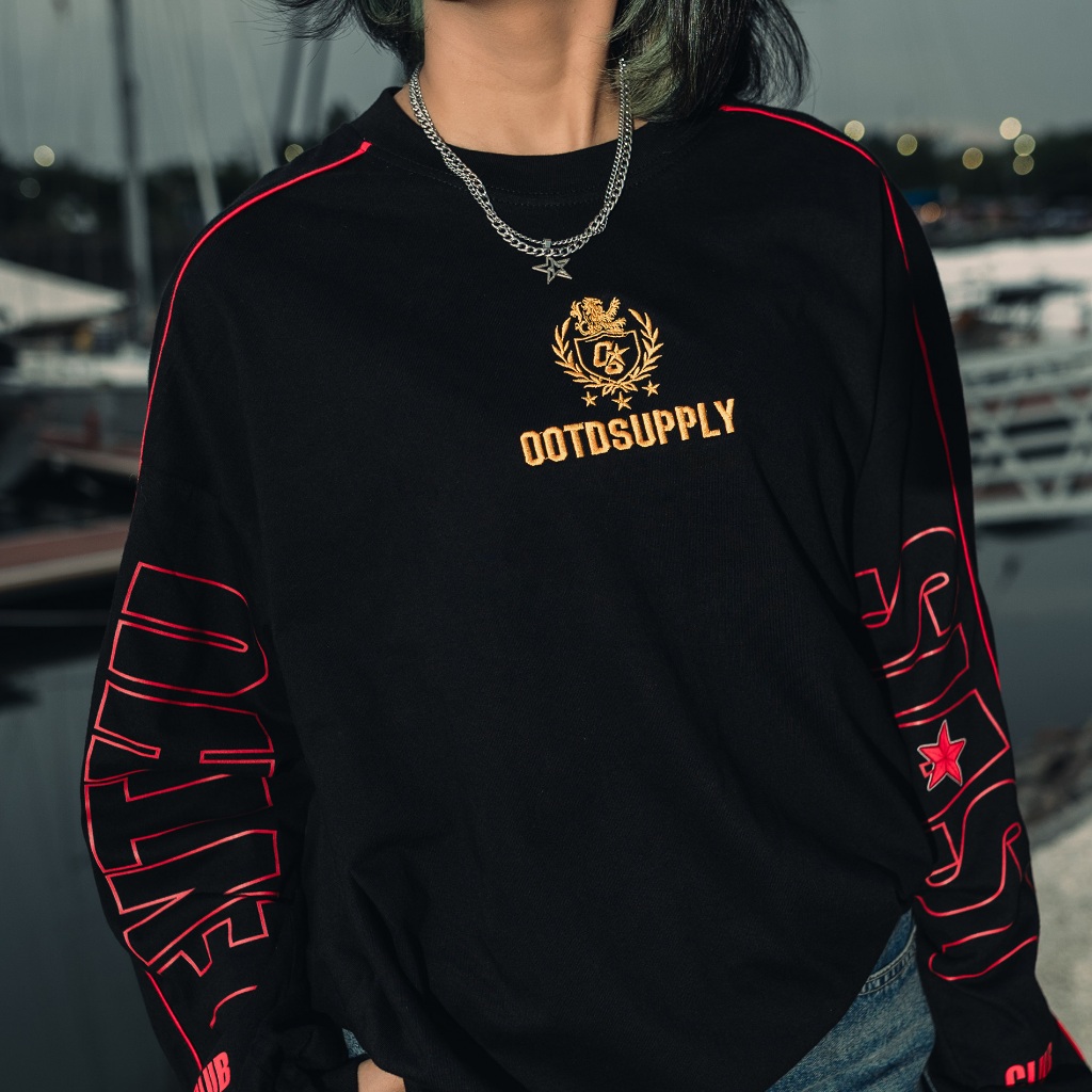 OOTDSUPPLY Longsleeve BoxyFit Redline Goldie Embroiderry Black l Polo Lengan Panjang Line Series | OS-LSBX-RL-BLK-006E