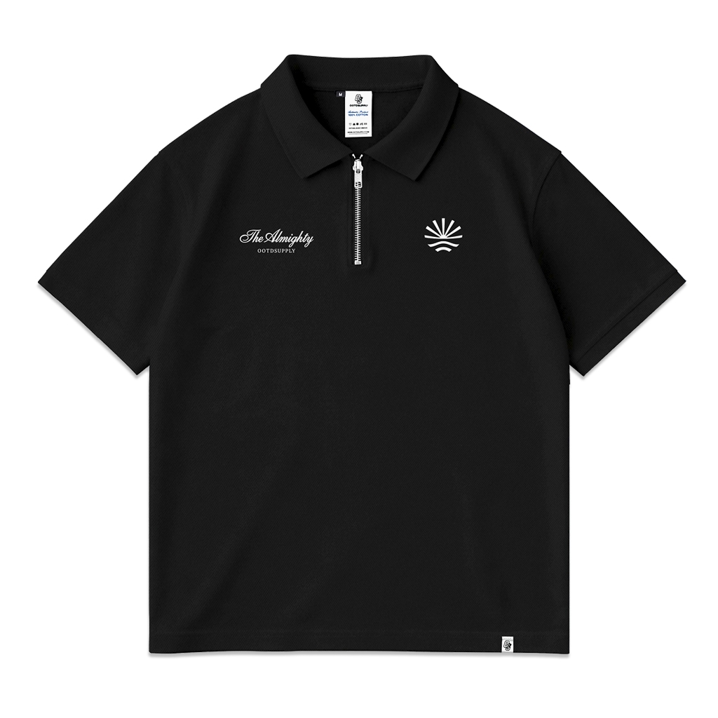 OOTDSUPPLY Polo Pique Zipper Almighty Embroidery Black l Polo Pique | Kemeja Unisex Regular Fit | Kaos Polo Premium Lacost I OS-PS-ZP-BLK-03E