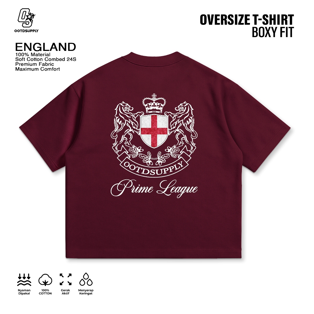 OOTDSUPPLY Boxy Fit Oversize England Black & Maroon | Cotton Boxy World Cup Series | Tshirt Boxyfit l Kaos Boxy OS-OVZ-BX-075