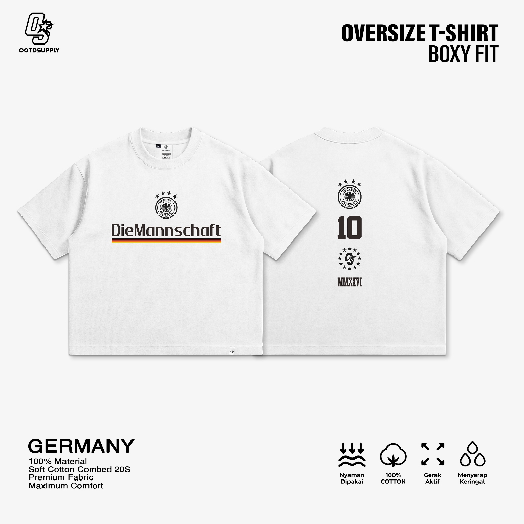 OOTDSUPPLY Boxy Fit Oversize Germany White  | 20s Boxy World Cup Series | Tshirt Boxyfit l Kaos Boxy OS-OVZ-BX-071