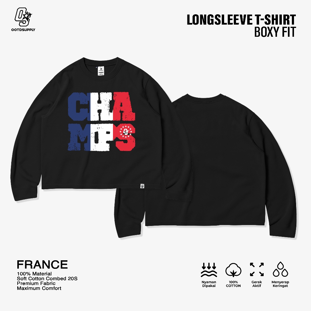 OOTDSUPPLY Longsleeve Boxy 20s France Black l Oversize Boxy World Cups Series | T-Shirt Lengan Panjang l Kaos Panjang I Atasan Unisex | OS-LS-BX-017