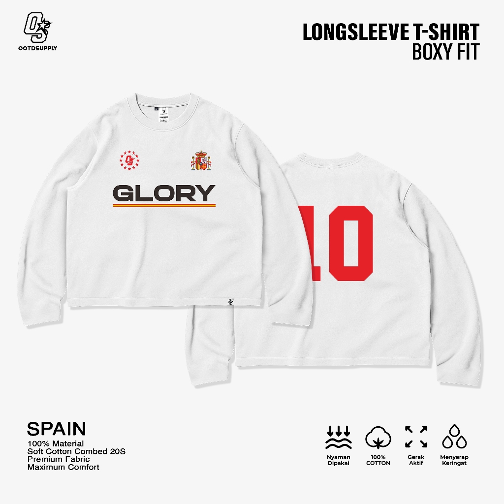 OOTDSUPPLY Longsleeve Boxy 20s Spain White l Oversize Boxy World Cups Series | T-Shirt Lengan Panjang l Kaos Panjang I Atasan Unisex | OS-LS-BX-021