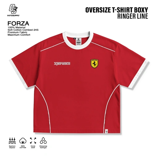 OOTDSUPPLY Oversize Boxy Ringer Line Forza Embroiderry Red Chili l Kaos Boxy Unisex Ringer Series | OS-OVZ-BX-RL-RC-001E
