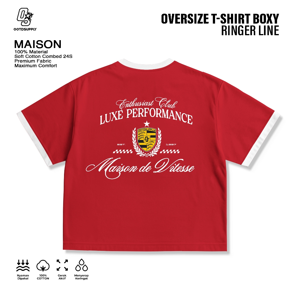OOTDSUPPLY Oversize Boxy Ringer Line Maison Red Chili & Black l Kaos Boxy Unisex Ringer Series | OS-OVZ-BX-RL-RC-003
