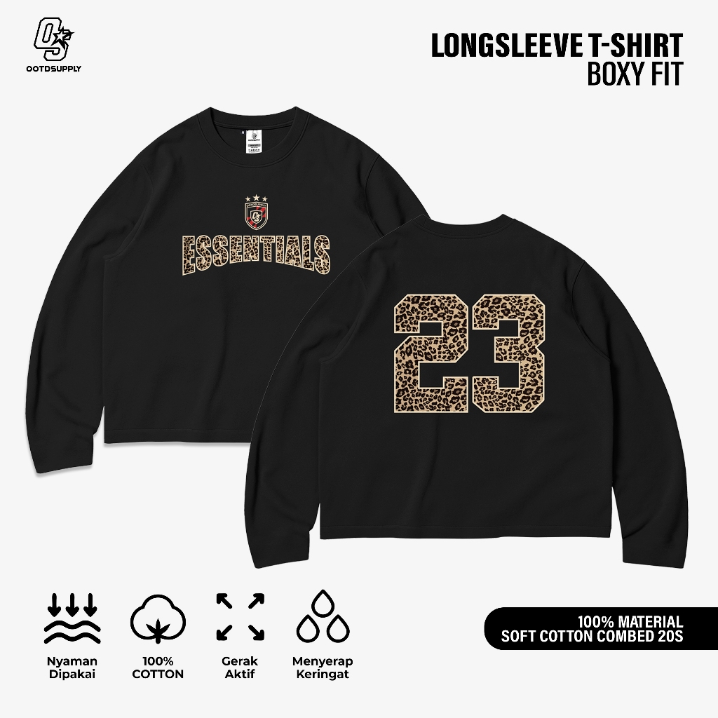 OOTDSUPPLY Longsleeve Boxy 20s Leopard 23 Black l Oversize T-Shirt Lengan Panjang l Kaos Panjang Boxyfit | OS-LS-BX-RIB018