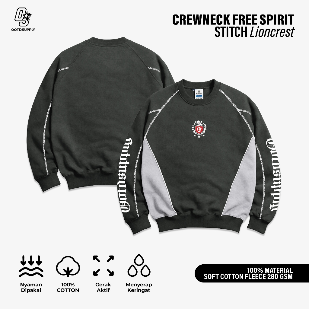 OOTDSUPPLY Crewneck Stitch Lioncrest Whisper Grey | Sweater Pria & Wanita | Cotton Fleece Unisex | OS-CN-STITCH-007