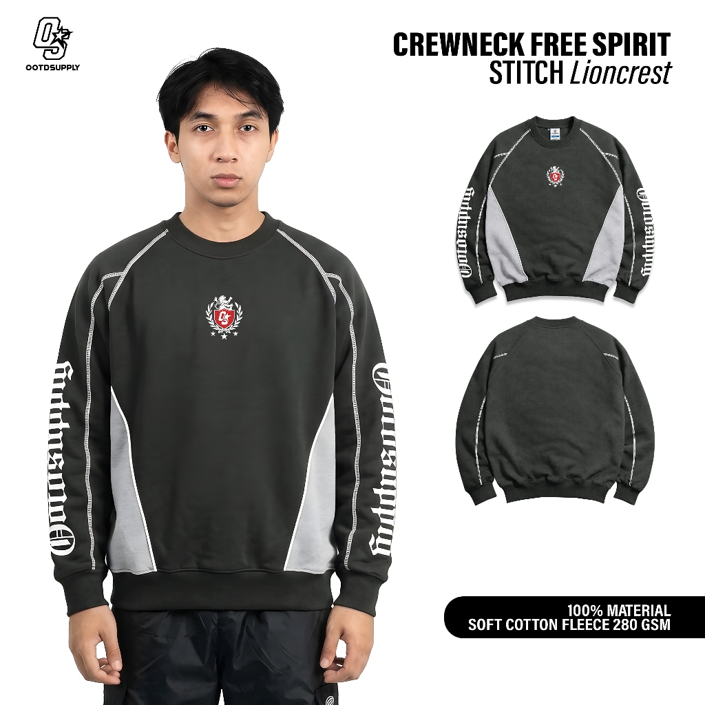 OOTDSUPPLY Crewneck Stitch Lioncrest Whisper Grey | Sweater Pria & Wanita | Cotton Fleece Unisex | OS-CN-STITCH-007