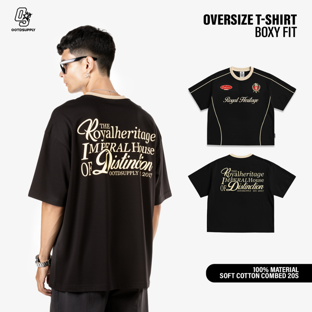 OOTDSUPPLY Tshirt Boxyfit Curveline Royal Heritage Black Cream l Tshirt Oversize Boxyfit Unisex Royal Series | Kaos Double List Premium Pria dan Wanita | OS-OVZ-CVL-BLC-001