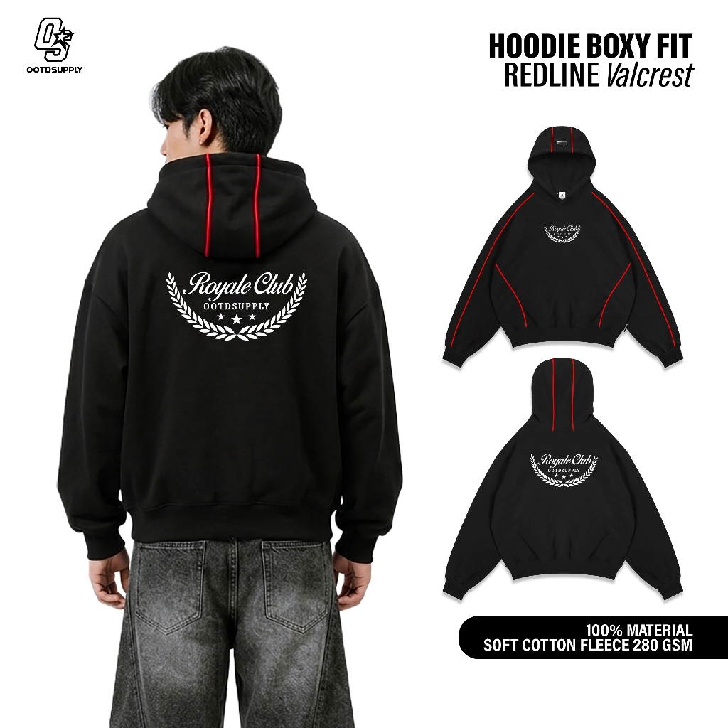 OOTDSUPPLY Hoodie BoxyFit Redline Valcrest Black l Hoodie Boxy Line Series | OS-HDBX-RL-BLK-002