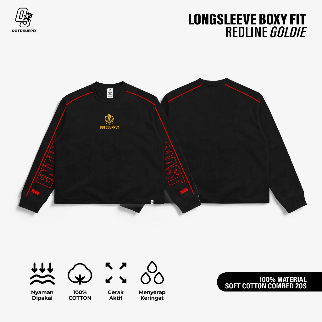 OOTDSUPPLY Longsleeve BoxyFit Redline Goldie Embroiderry Black l Polo Lengan Panjang Line Series | OS-LSBX-RL-BLK-006E