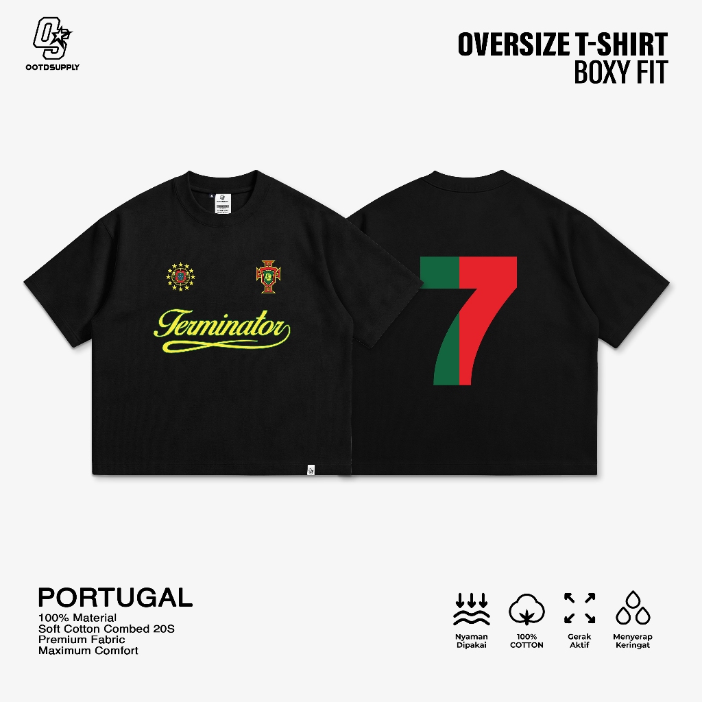 OOTDSUPPLY Boxy Fit Oversize Portugal Black | 20s Boxy World Cup Series | Tshirt Boxyfit l Kaos Boxy OS-OVZ-BX-072