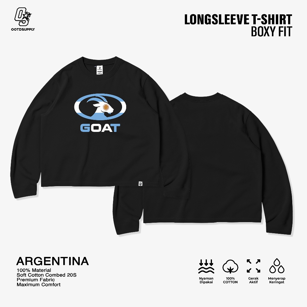 OOTDSUPPLY Longsleeve Boxy 20s Argentina Black l Oversize Boxy World Cups Series | T-Shirt Lengan Panjang l Kaos Panjang I Atasan Unisex | OS-LS-BX-014