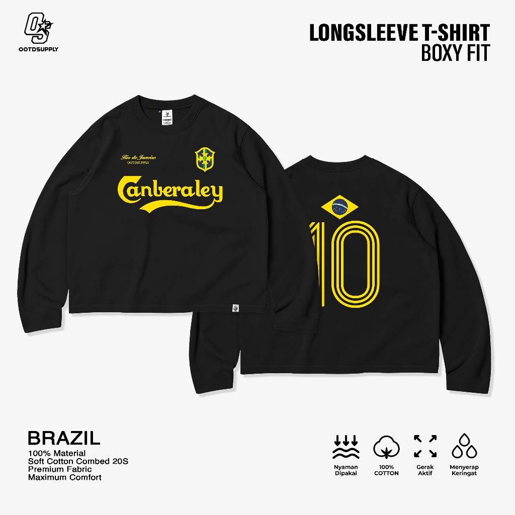 OOTDSUPPLY Longsleeve Boxy 20s Brazil Black l Oversize Boxy World Cups Series | T-Shirt Lengan Panjang l Kaos Panjang I Atasan Unisex | OS-LS-BX-015