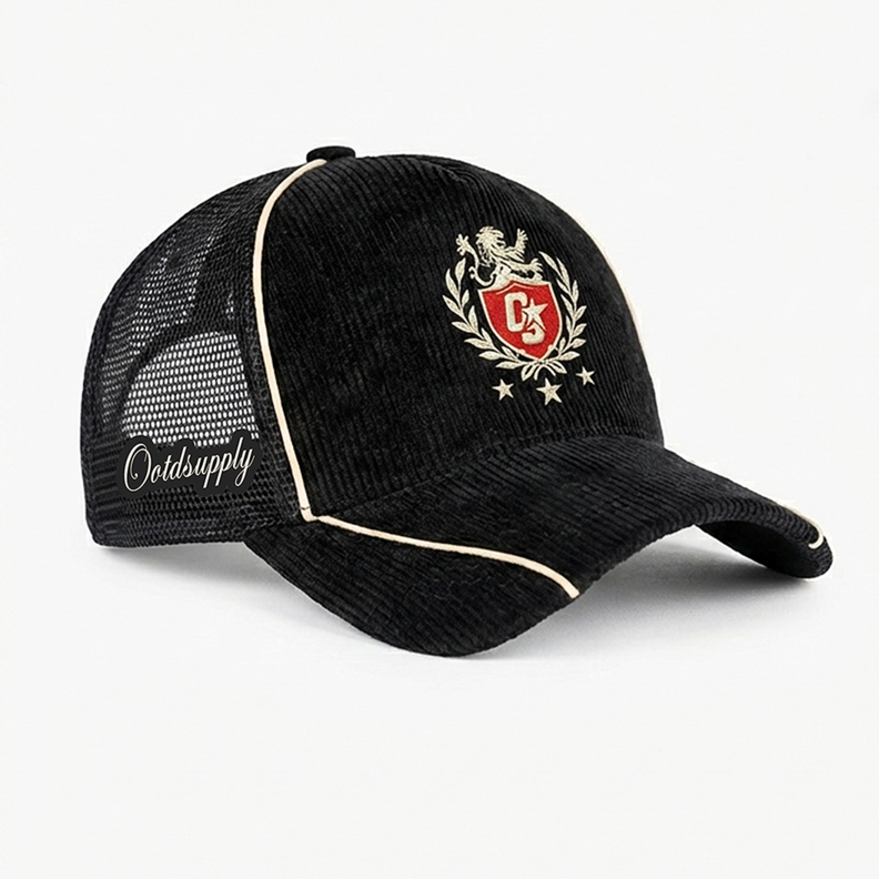 OOTDSUPPLY Polo Caps Corduroy Insignia Bordir Black| Topi Hat Twill Bordir Pria & Wanita | OS-CAP-CDR-06E-BC