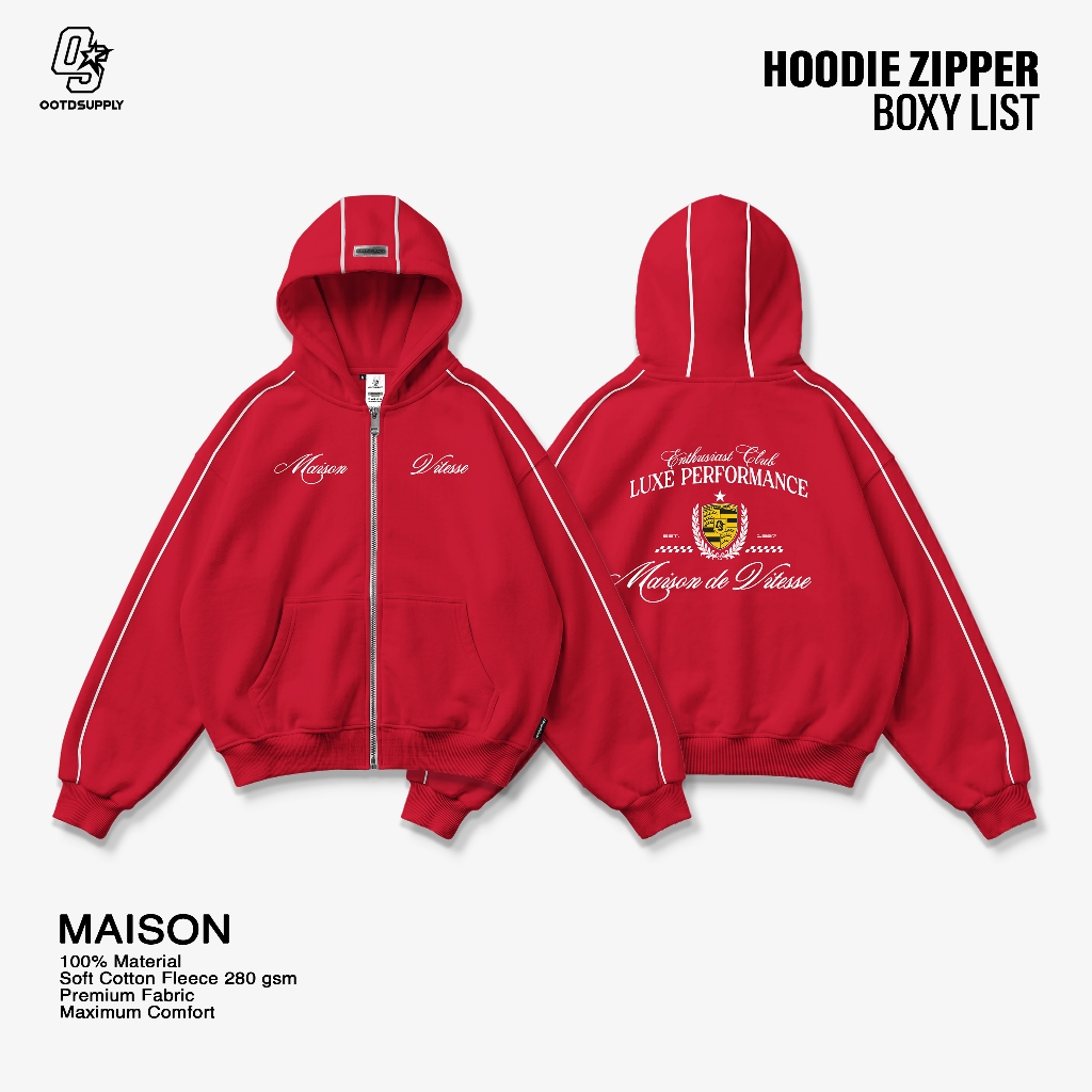 OOTDSUPPLY Hoodie Zipper BoxyFit Maison Red & Black l Hoodie Boxy Zipper List Series | OS-HDBX-ZP-LIST-RC-003