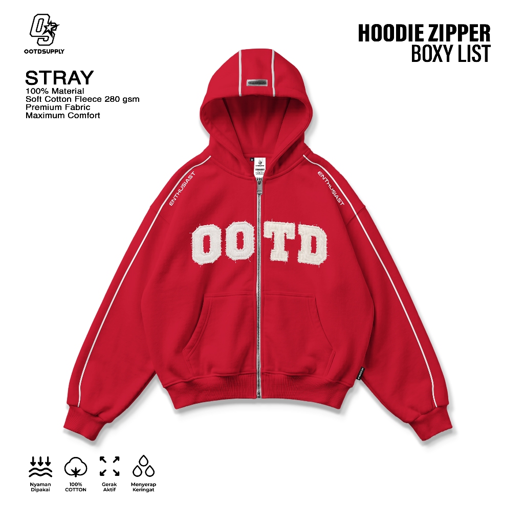 OOTDSUPPLY Hoodie Zipper BoxyFit Stray Red l Hoodie Boxy Zipper List Series | OS-HDBX-ZP-LIST-RC-002