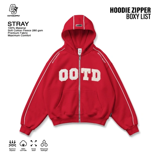 OOTDSUPPLY Hoodie Zipper BoxyFit Stray Red l Hoodie Boxy Zipper List Series | OS-HDBX-ZP-LIST-RC-002