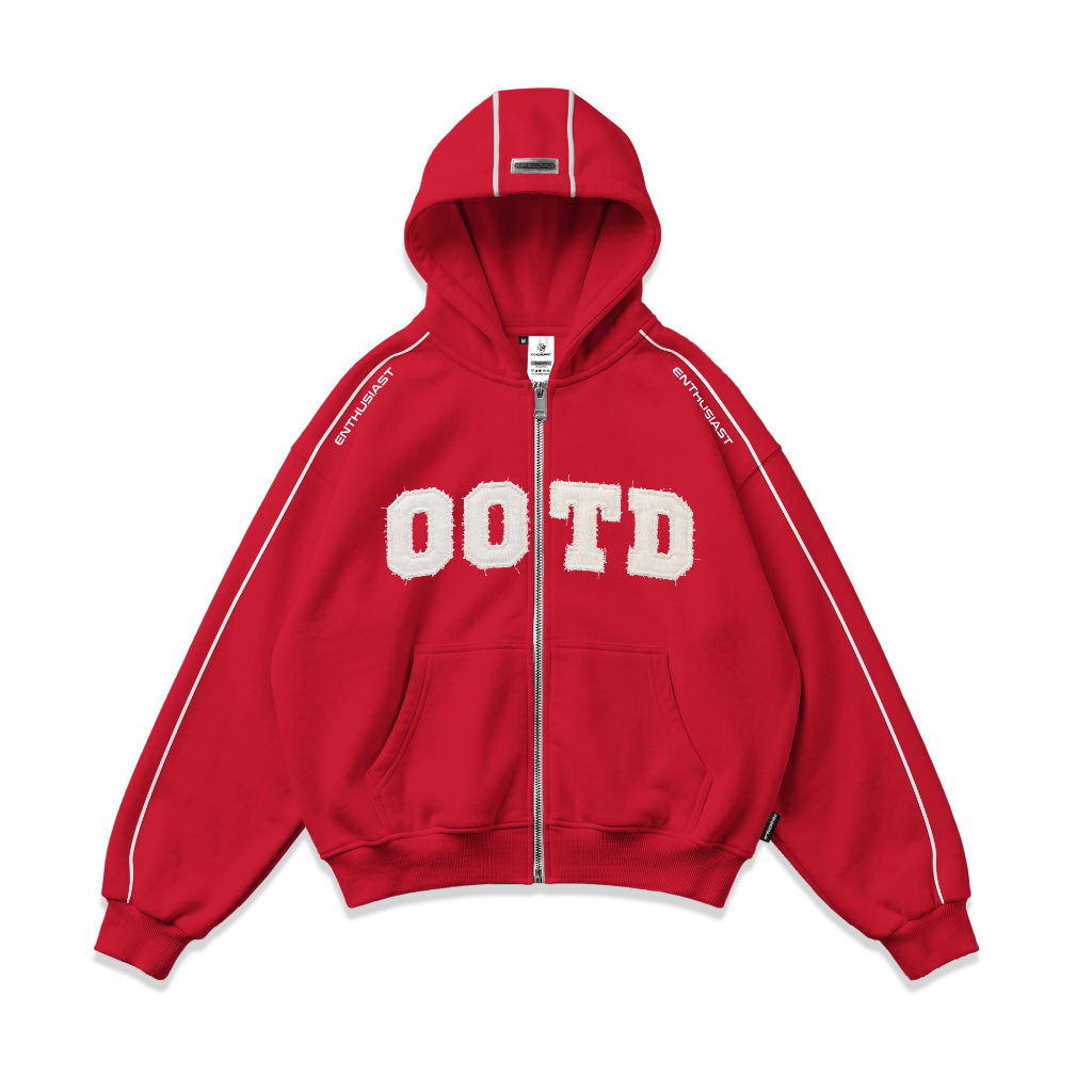 OOTDSUPPLY Hoodie Zipper BoxyFit Stray Red l Hoodie Boxy Zipper List Series | OS-HDBX-ZP-LIST-RC-002