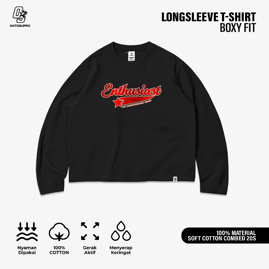 OOTDSUPPLY Longsleeve Boxy 20s Starline Black l Oversize T-Shirt Lengan Panjang l Kaos Panjang Boxyfit | OS-LS-BX-RIB015