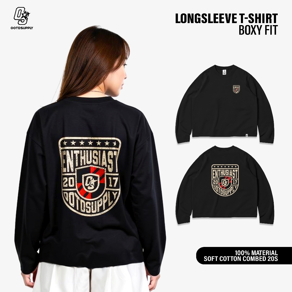 OOTDSUPPLY Longsleeve Boxy 20s Eternal Shield Black l Oversize T-Shirt Lengan Panjang l Kaos Panjang Boxyfit | OS-LS-BX-RIB018